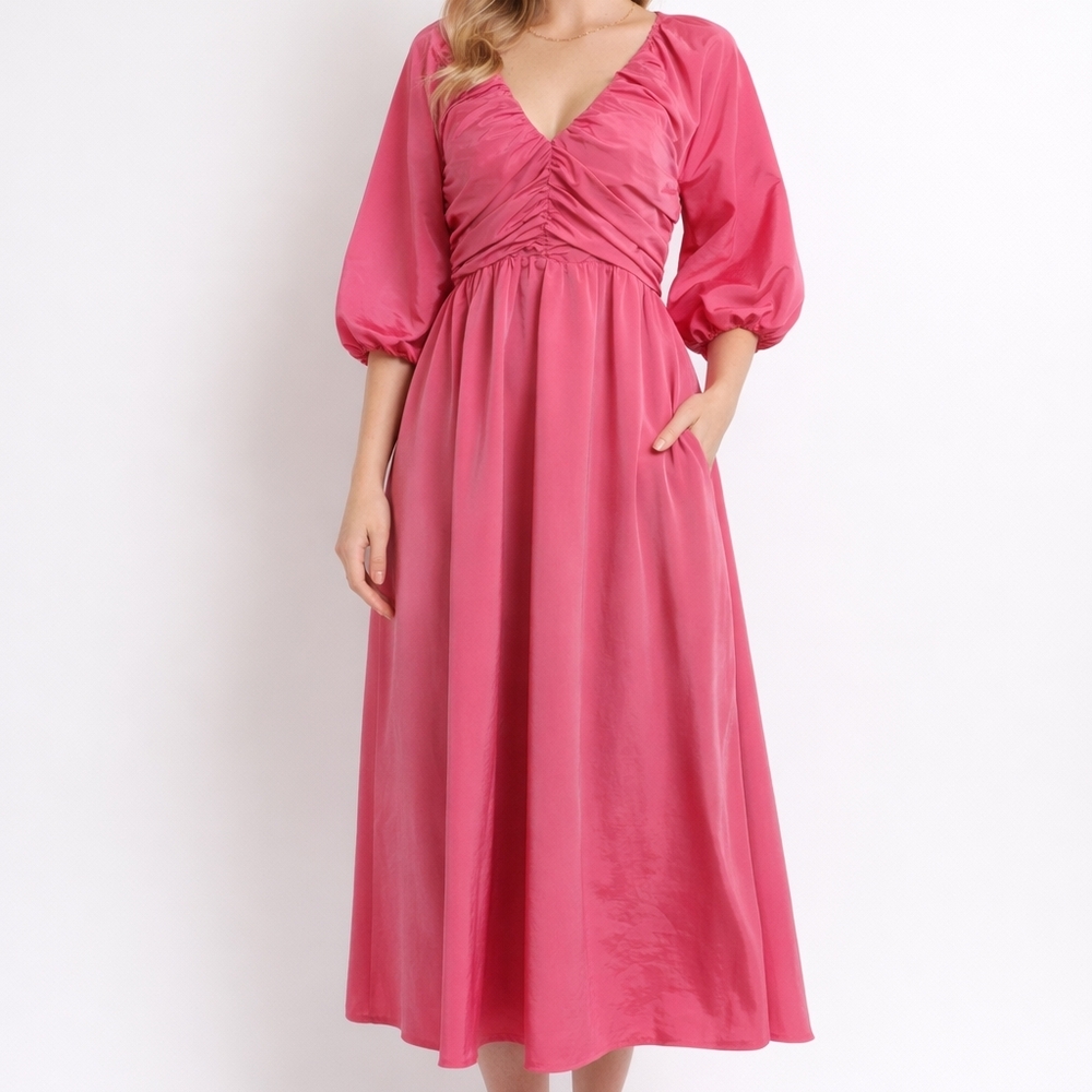 Pink Maxi Dress with Ruched Bodice and Puff Sleeves